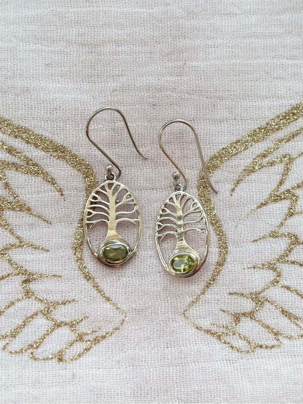 Sterling Silver Tree of Life Peridot Drop Earrings - Green